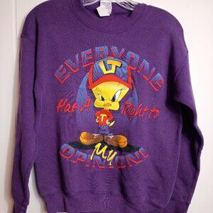 VTG Tweety Bird Purple Looney Tunes Sweatshirt L/XL 1996 Right to My Opinion USA